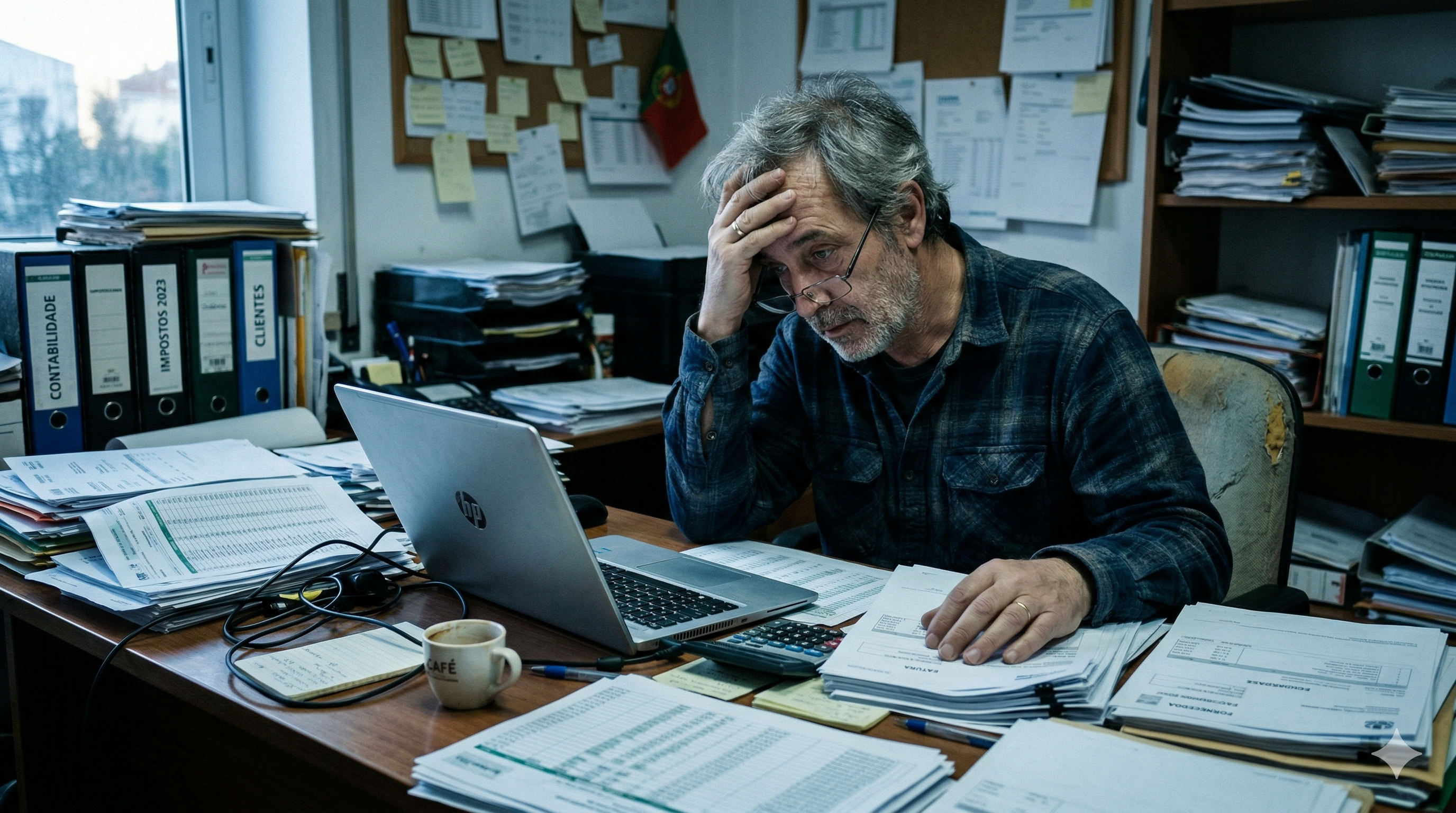 Gestor sobrecarregado com papéis e ficheiros de fornecedores sem sistema de automação